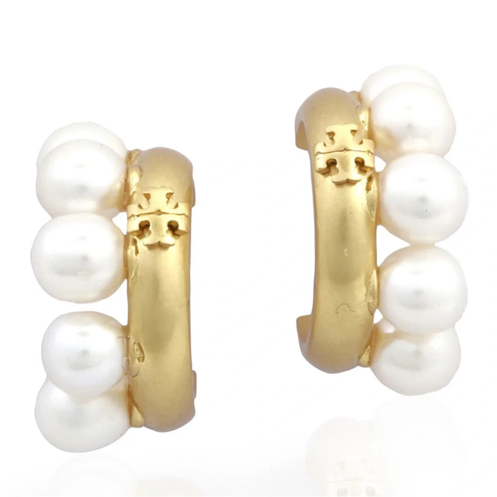 TORY BURCH Rolled Gold/Pearl Kira Pearl‎ Hoop Earrings NEW